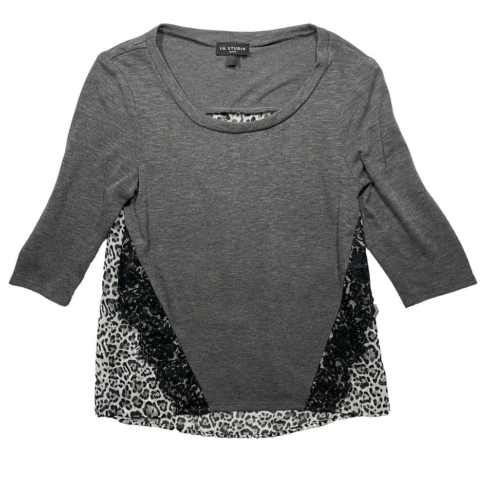 I.N. Studio Petite S Gray Blouse Black Lace Animal Print Womens Long Sleeve Top